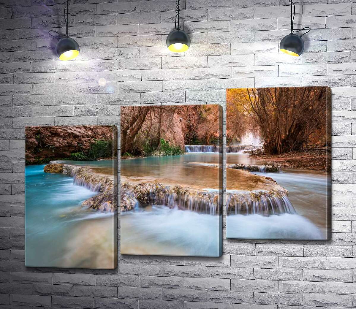 модульная картина Каскады прозрачной воды водопадов Хавасу (Havasu Falls) среди осенних деревьев (Модуль №14)