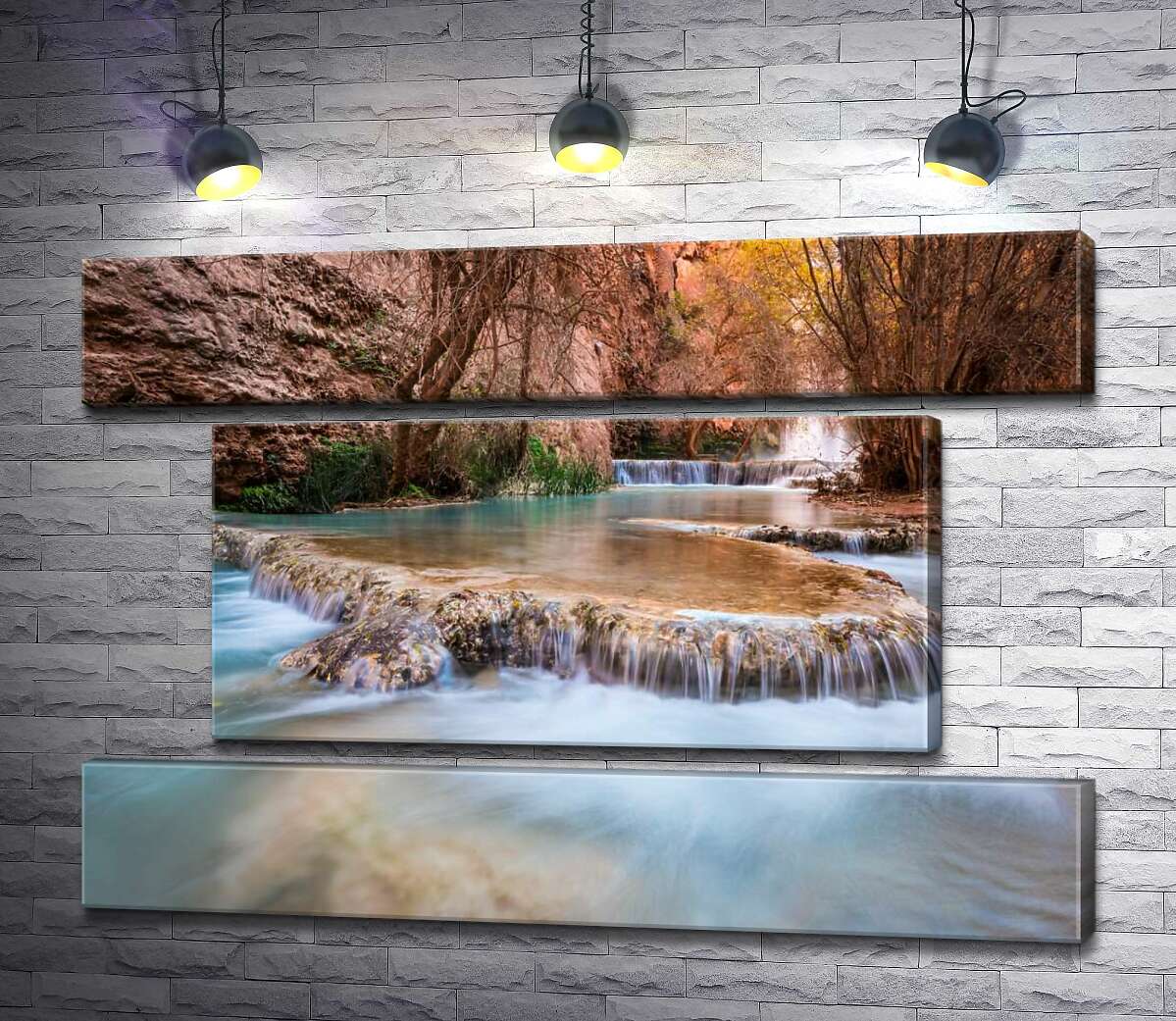 модульная картина Каскады прозрачной воды водопадов Хавасу (Havasu Falls) среди осенних деревьев (Модуль №18)