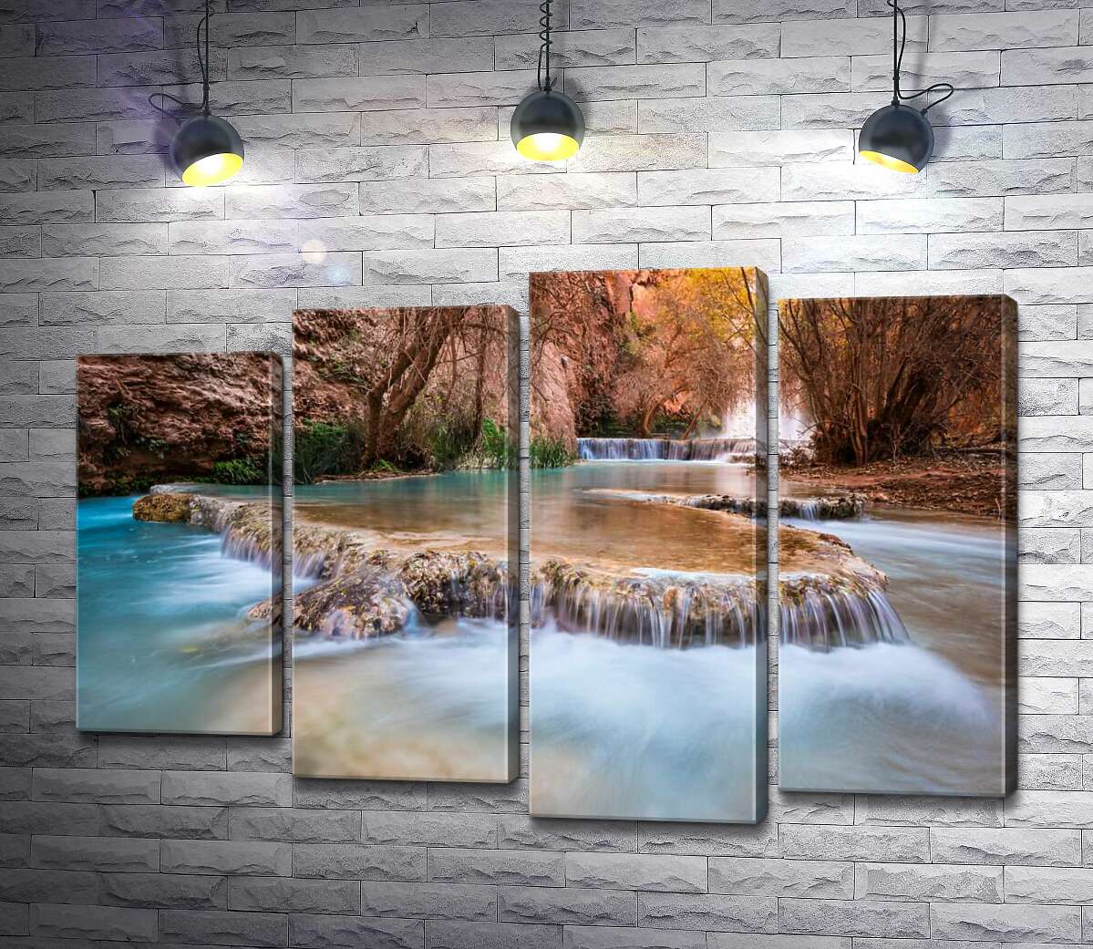 модульная картина Каскады прозрачной воды водопадов Хавасу (Havasu Falls) среди осенних деревьев (Модуль №3)