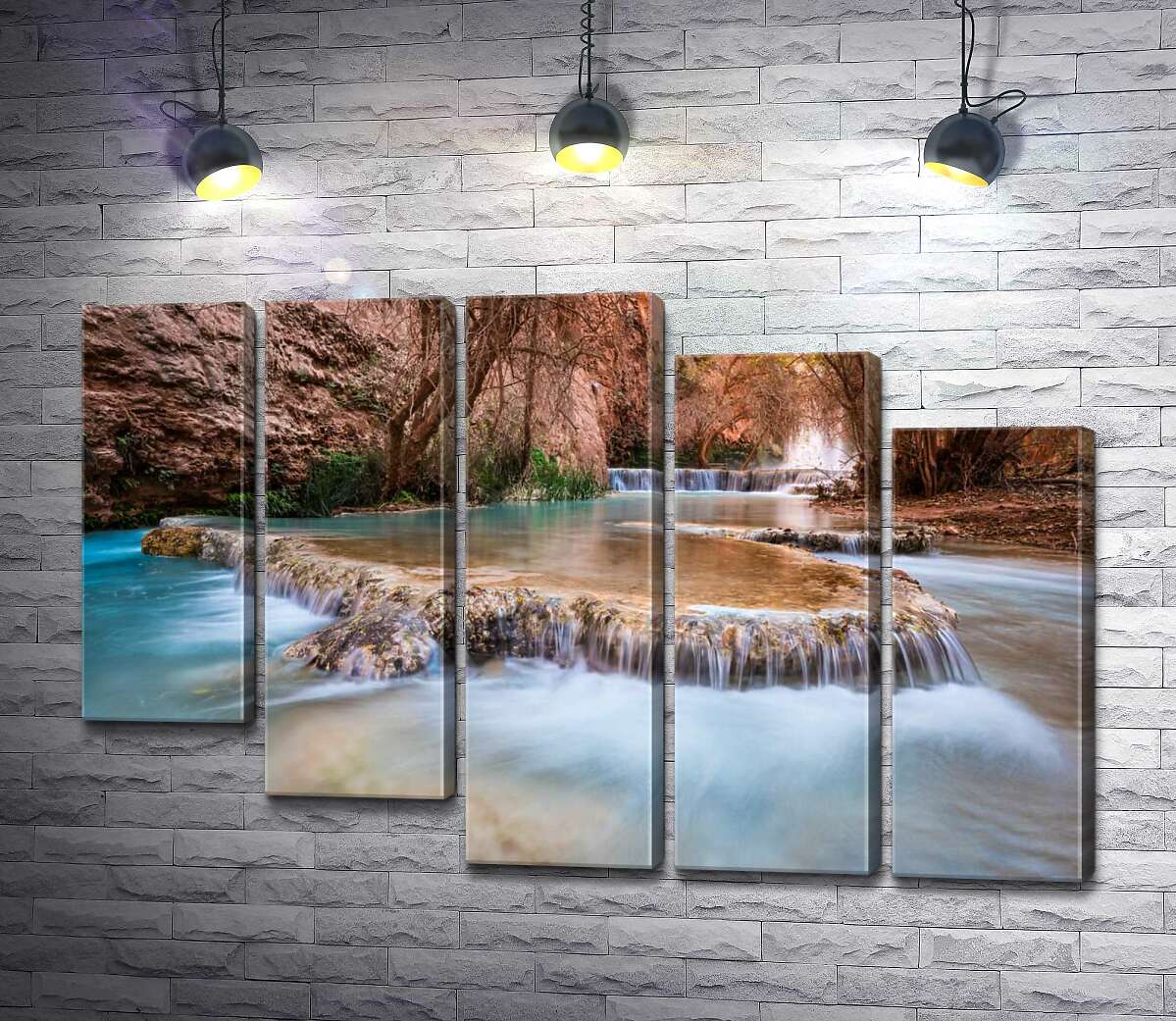модульная картина Каскады прозрачной воды водопадов Хавасу (Havasu Falls) среди осенних деревьев (Модуль №28)