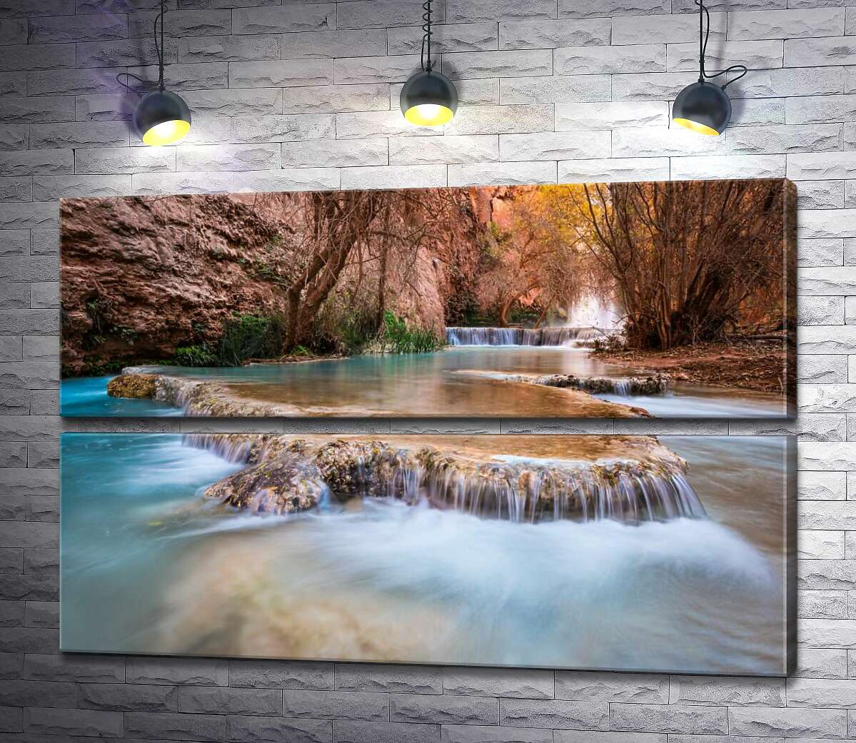 модульная картина Каскады прозрачной воды водопадов Хавасу (Havasu Falls) среди осенних деревьев (Модуль №7)