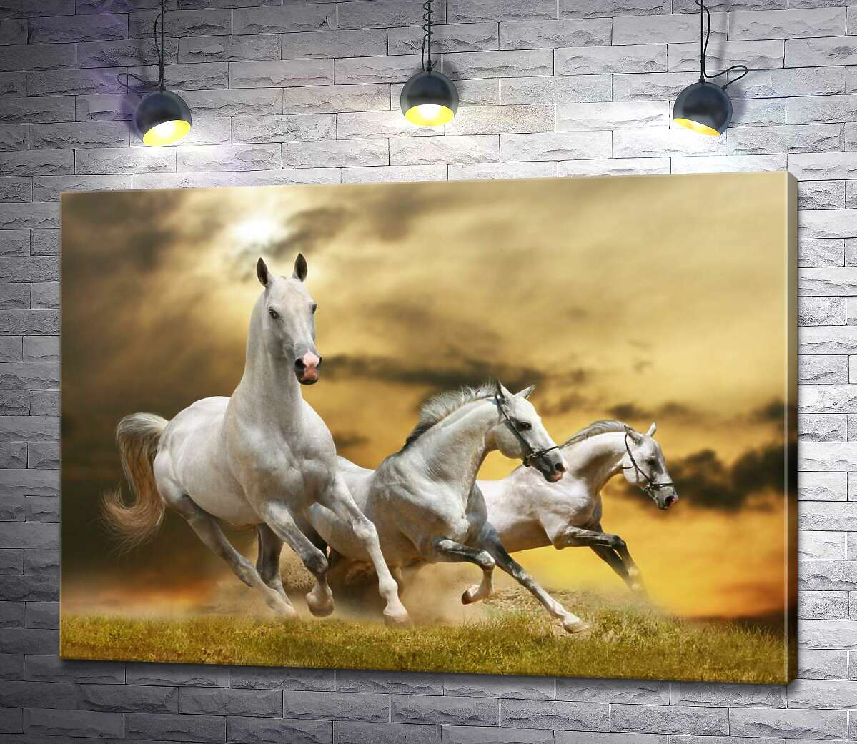 картина Швидкий галоп трьох білих коней