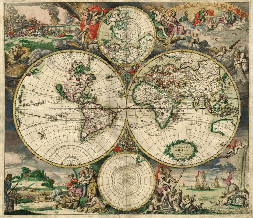 картина-постер Карта мира в 1689 году от голландского картографа Герарда Ван Шагена (Gerrit van Schagen)