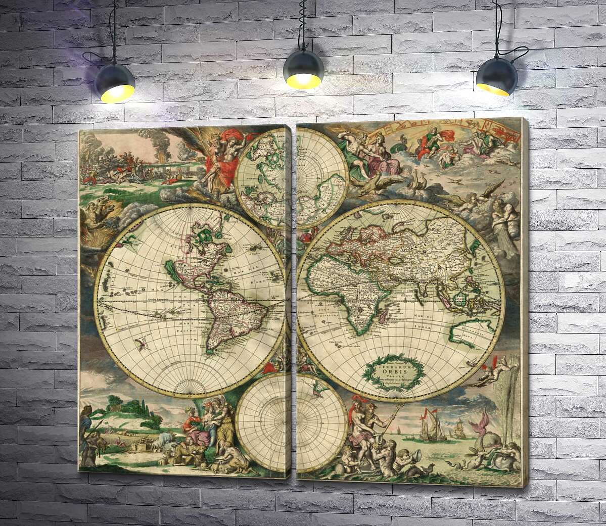 модульная картина Карта мира в 1689 году от голландского картографа Герарда Ван Шагена (Gerrit van Schagen)