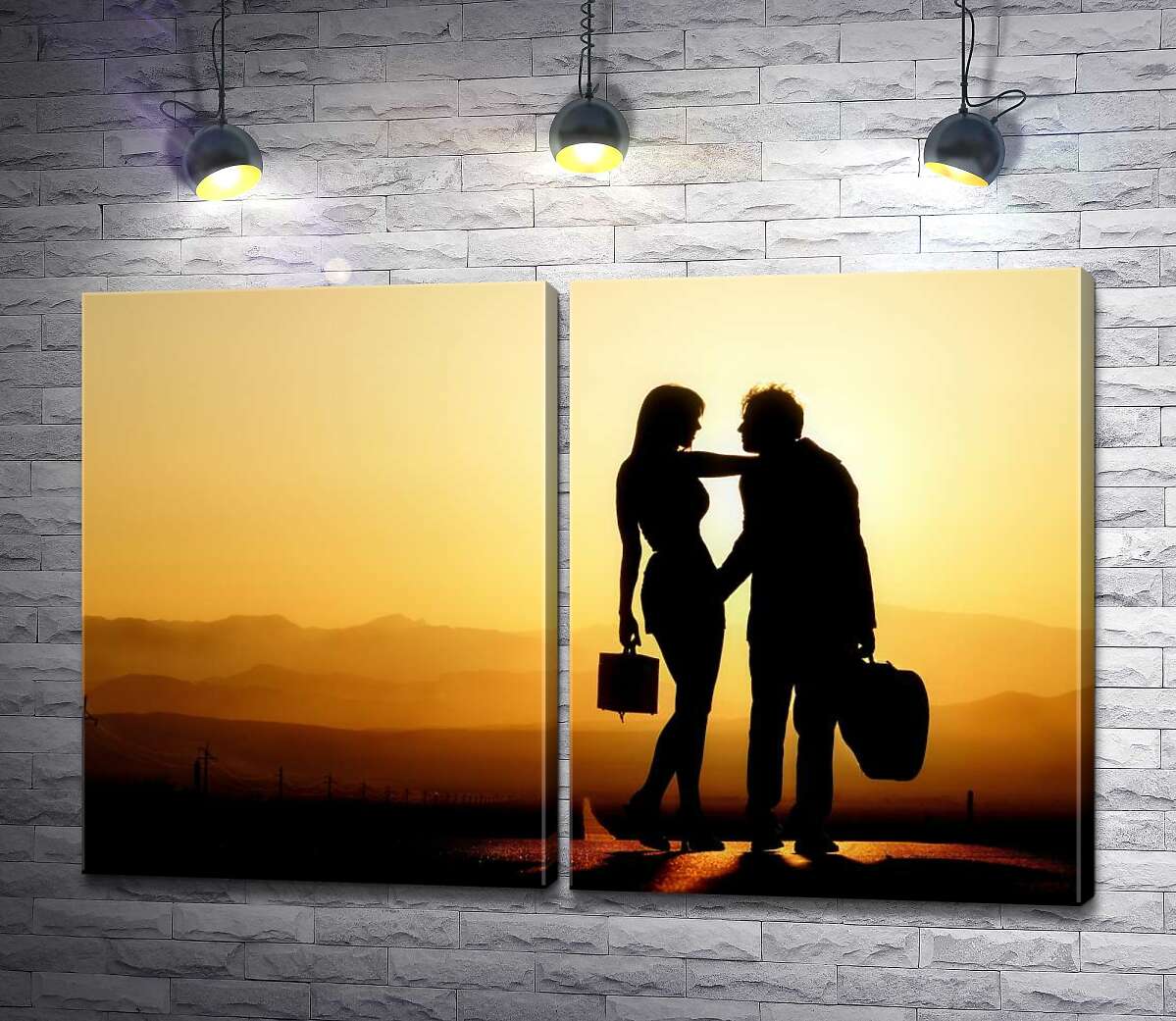 модульная картина Ажурные силуэты влюбленной пары на фоне вечерних гор