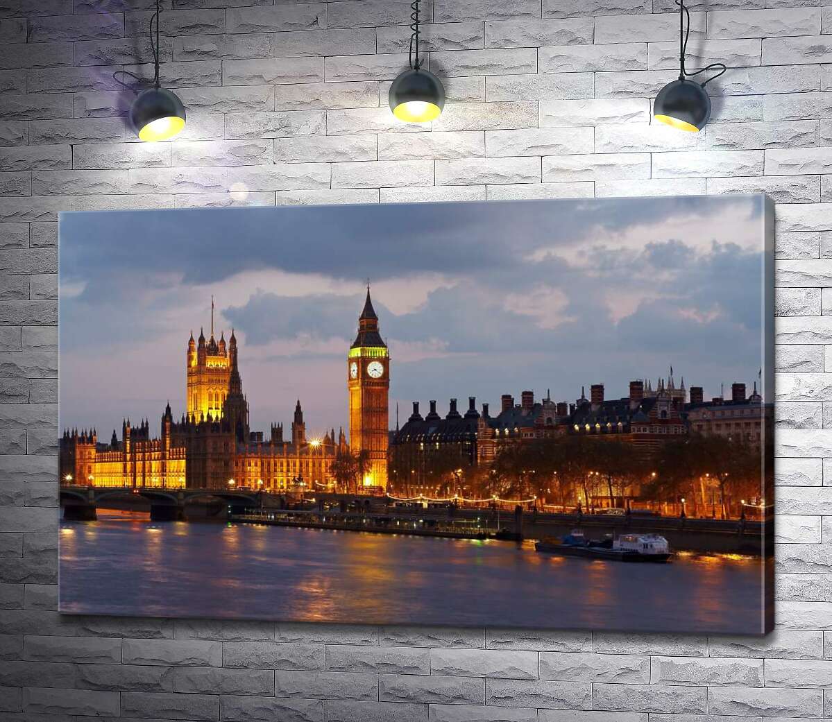 картина Вечерняя набережная Темзы сияет огнями Вестминстерского дворца (Palace of Westminster)