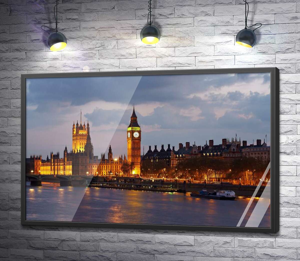 постер Вечерняя набережная Темзы сияет огнями Вестминстерского дворца (Palace of Westminster)