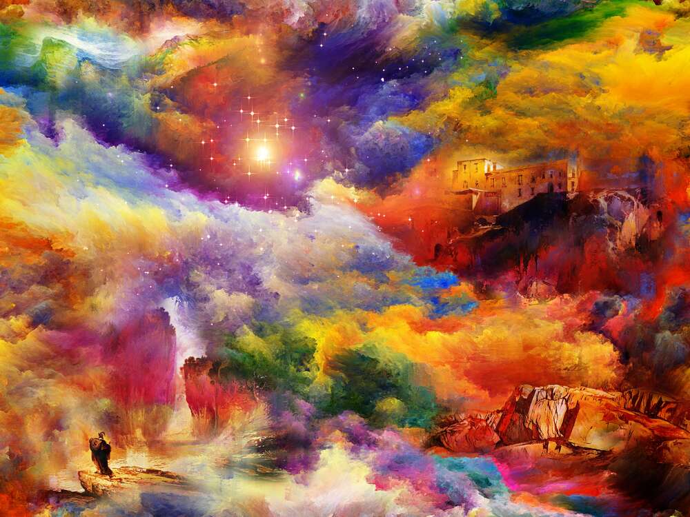 картина-постер Дом над обрывом и скалистый водопад спрятались в мареве радужных облаков