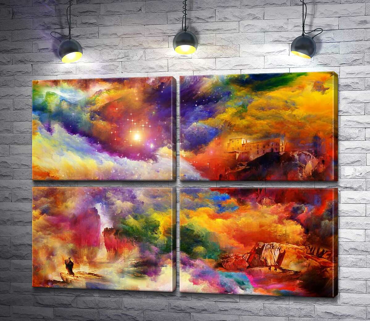 модульна картина Будинок над обривом та скелястий водопад заховались в мареві веселкових хмар (Модуль №25)