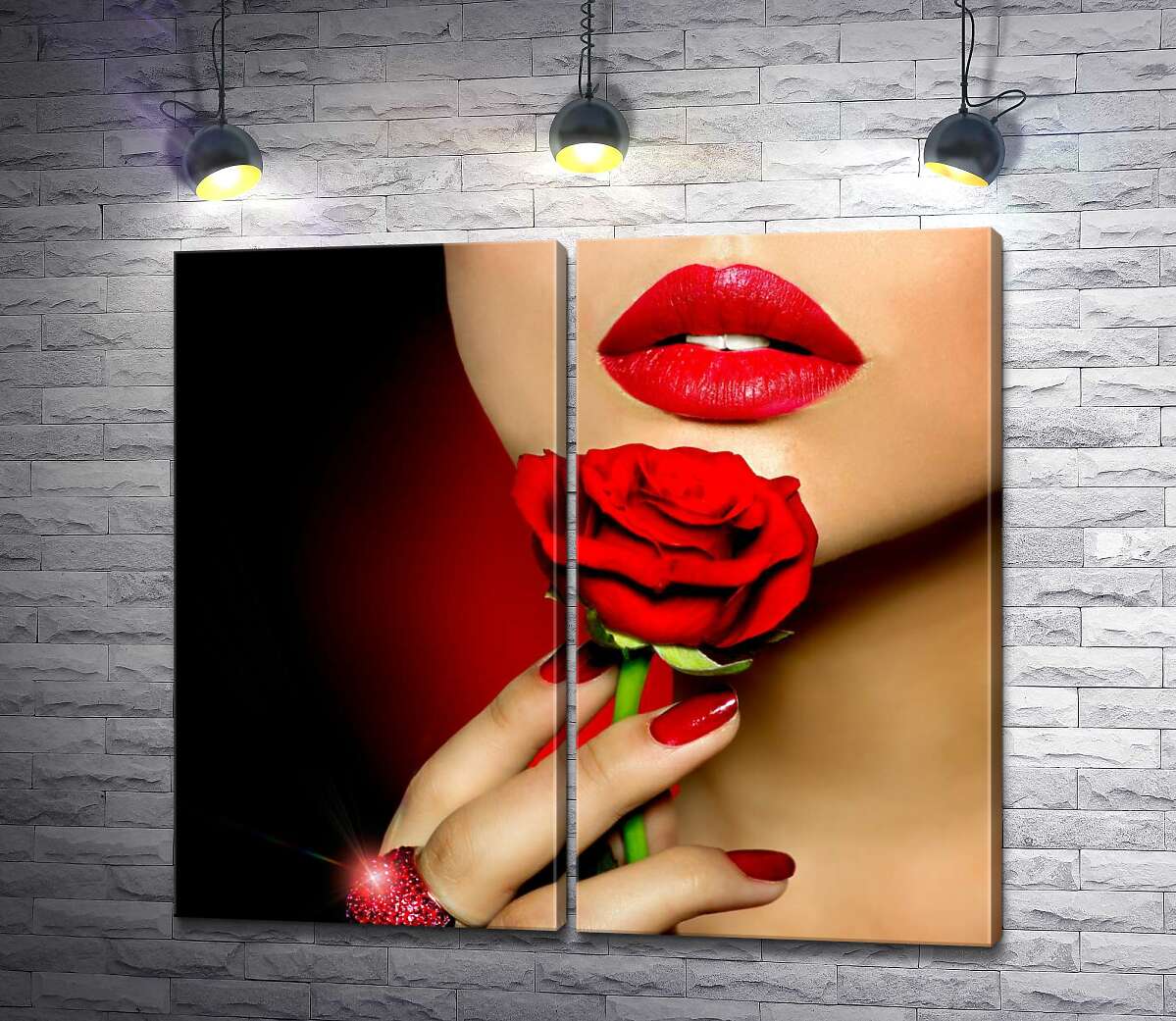 модульна картина Розкіш червоного на губах, пальцях та троянді