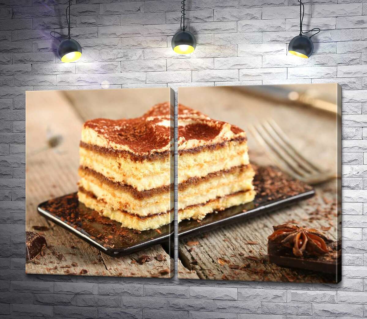 модульная картина Тонкие слои бисквита в нежности ванильного крема, усыпанные шоколадной стружкой