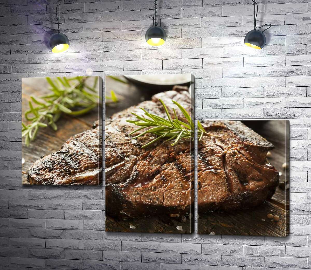 модульная картина Веточка розмарина придает неповторимый вкус сочному стейку (Модуль №13)