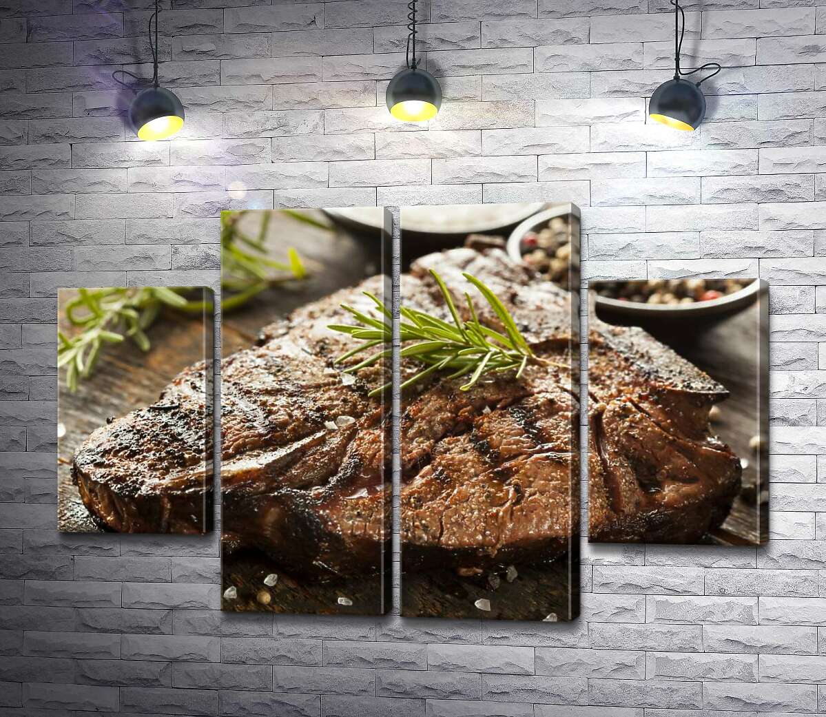 модульная картина Веточка розмарина придает неповторимый вкус сочному стейку (Модуль №20)