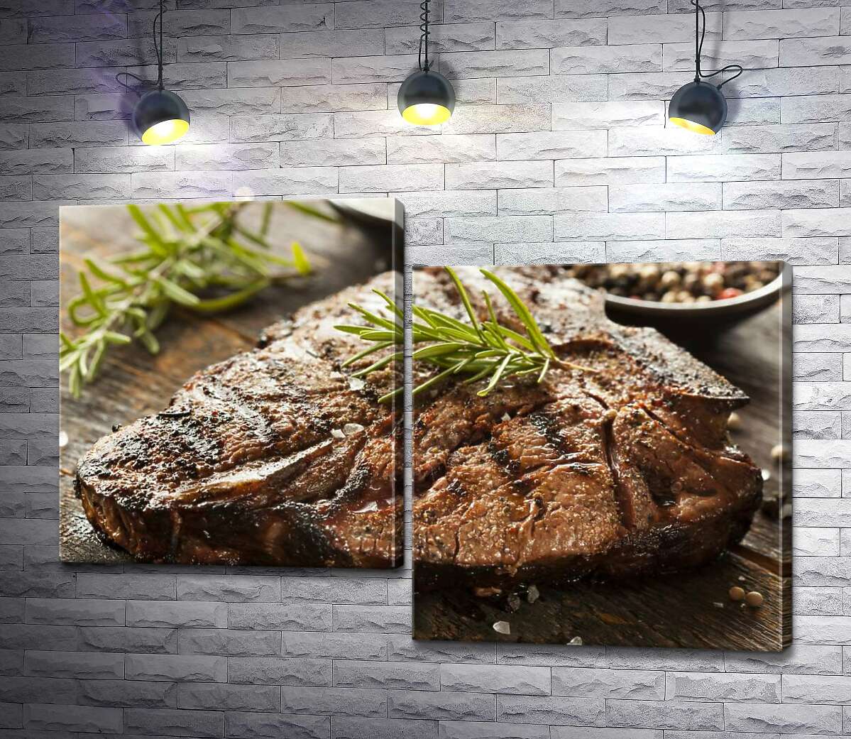 модульная картина Веточка розмарина придает неповторимый вкус сочному стейку (Модуль №9)