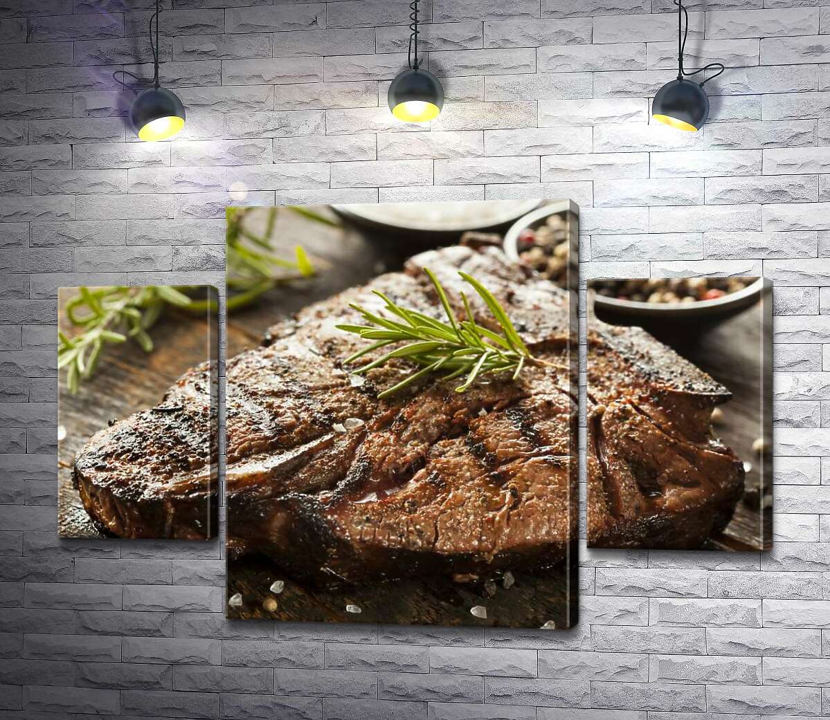 модульная картина Веточка розмарина придает неповторимый вкус сочному стейку (Модуль №5)