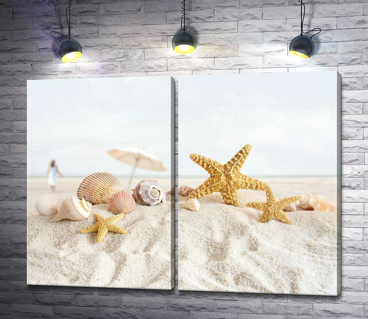 модульна картина Ніжний набір мушель та морських зірок лежить на м'якому пляжному піску