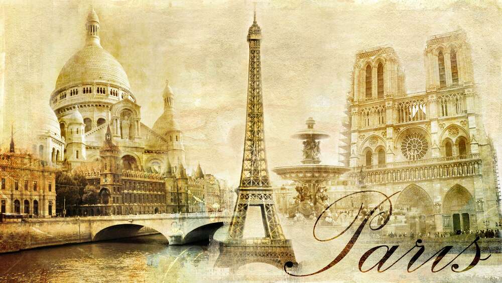 картина-постер Главные здания Парижа: Эйфелева башня (Eiffel tower), Нотр-Дам-де-Пари (Notre dame de Paris) и базилика Сакре-Кер (Basilique du Sacre Cœur)