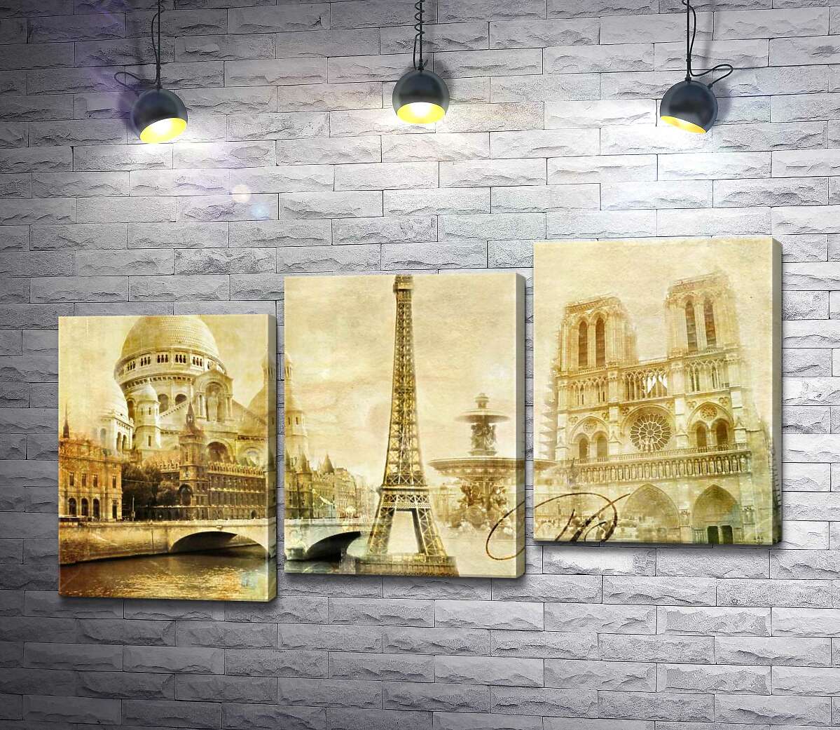 модульна картина Головні будівлі Парижу: Ейфелева вежа (Eiffel tower), Нотр-Дам-де-Парі (Notre dame de Paris) та базиліка Сакре-Кер (Basilique du Sacre Cœur) (Модуль №14)