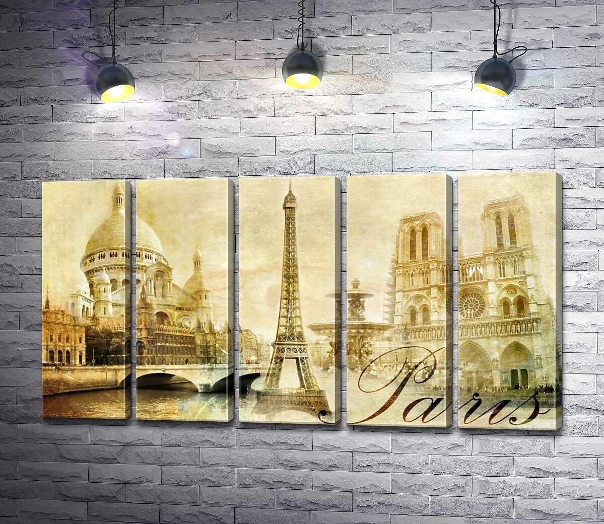 модульна картина Головні будівлі Парижу: Ейфелева вежа (Eiffel tower), Нотр-Дам-де-Парі (Notre dame de Paris) та базиліка Сакре-Кер (Basilique du Sacre Cœur) (Модуль №26)