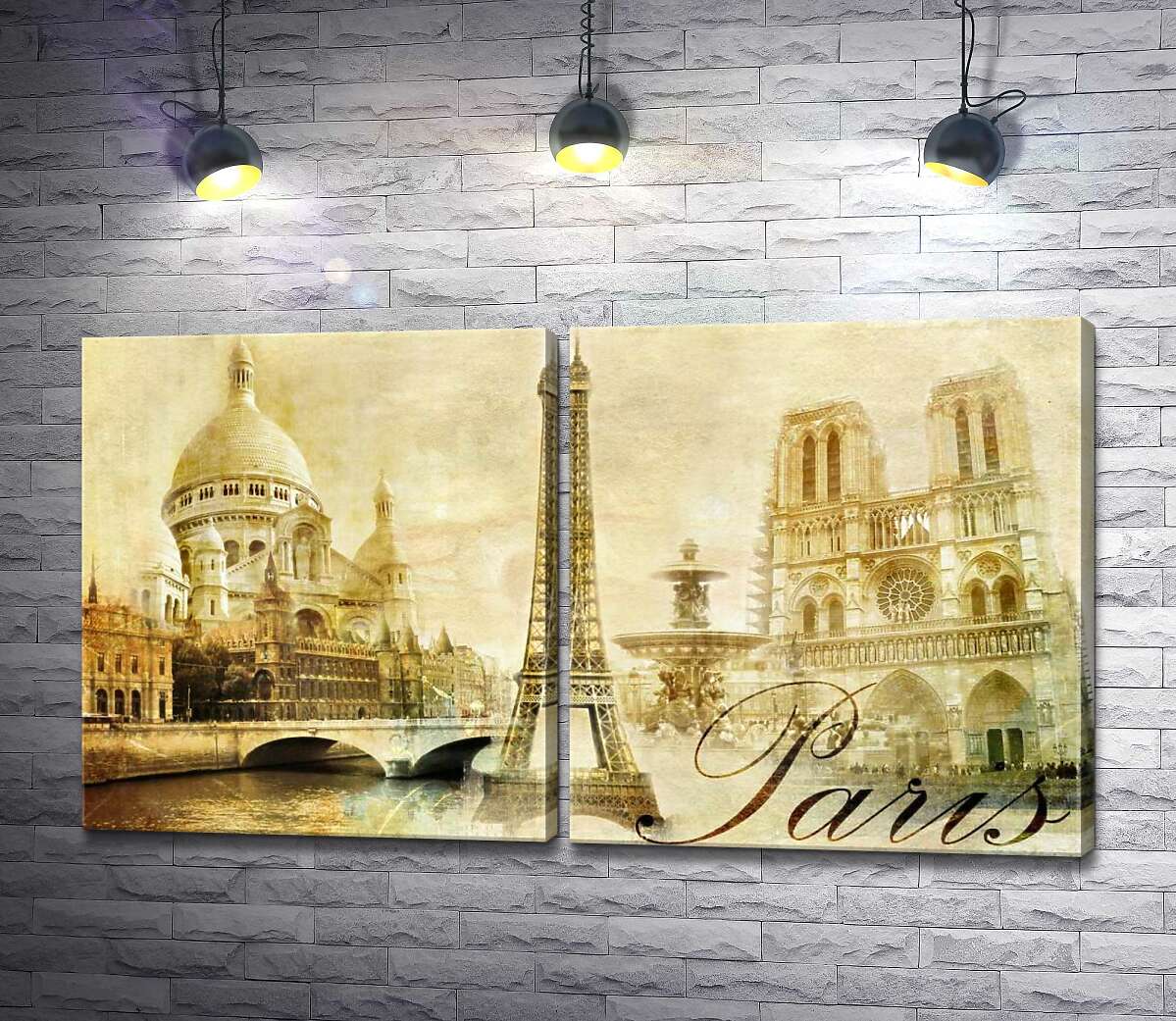 модульная картина Главные здания Парижа: Эйфелева башня (Eiffel tower), Нотр-Дам-де-Пари (Notre dame de Paris) и базилика Сакре-Кер (Basilique du Sacre Cœur)