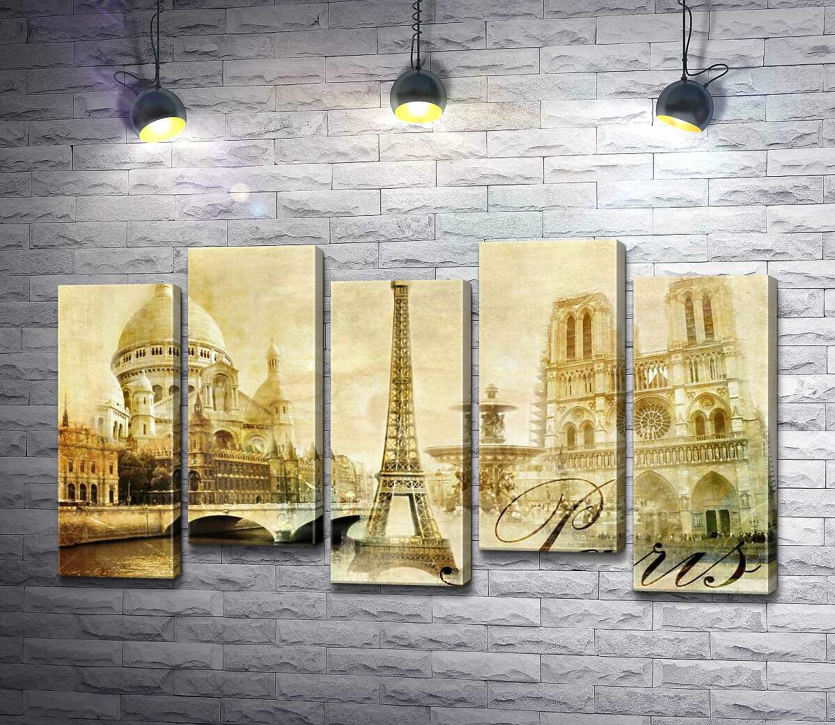 модульна картина Головні будівлі Парижу: Ейфелева вежа (Eiffel tower), Нотр-Дам-де-Парі (Notre dame de Paris) та базиліка Сакре-Кер (Basilique du Sacre Cœur) (Модуль №30)