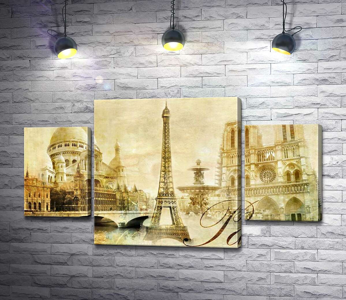 модульна картина Головні будівлі Парижу: Ейфелева вежа (Eiffel tower), Нотр-Дам-де-Парі (Notre dame de Paris) та базиліка Сакре-Кер (Basilique du Sacre Cœur) (Модуль №5)