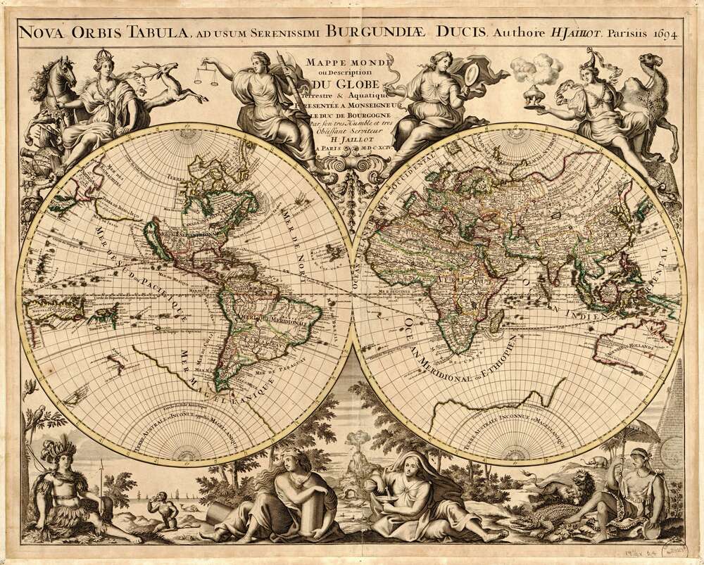 картина-постер Карта полушарий Земли 1694 года, авторства французского картографа Юбера Жайо (Hubert Jaillot)