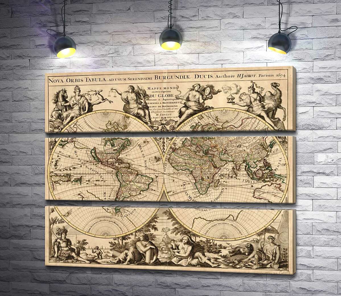 модульная картина Карта полушарий Земли 1694 года, авторства французского картографа Юбера Жайо (Hubert Jaillot) (Модуль №15)