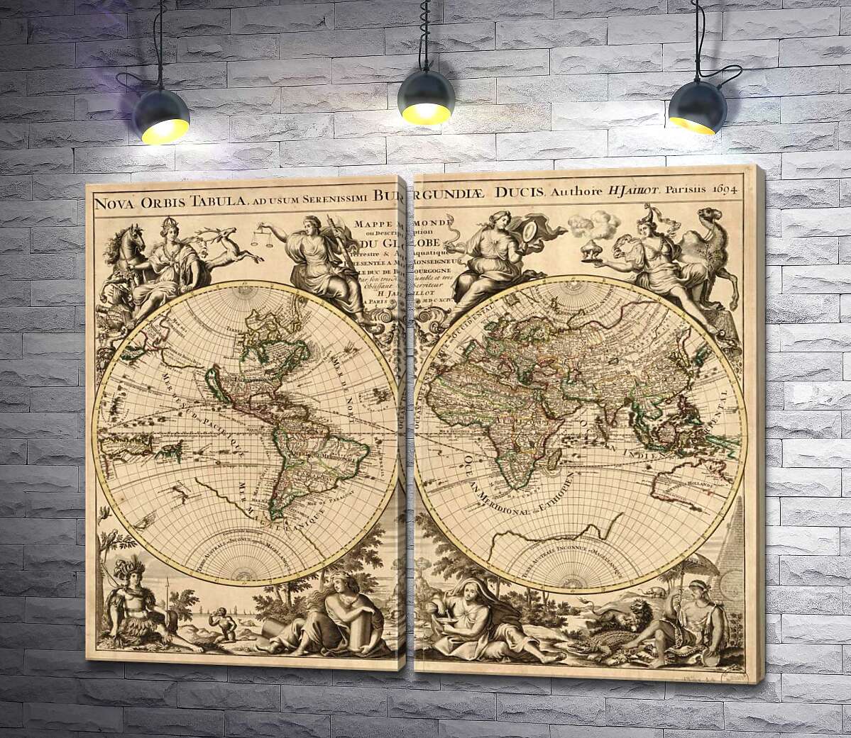 модульная картина Карта полушарий Земли 1694 года, авторства французского картографа Юбера Жайо (Hubert Jaillot)