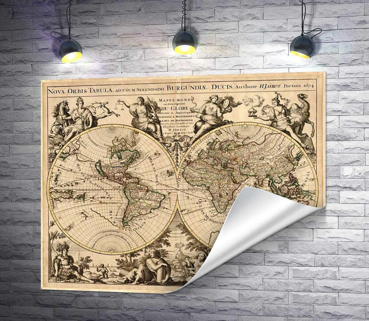 печать Карта полушарий Земли 1694 года, авторства французского картографа Юбера Жайо (Hubert Jaillot)