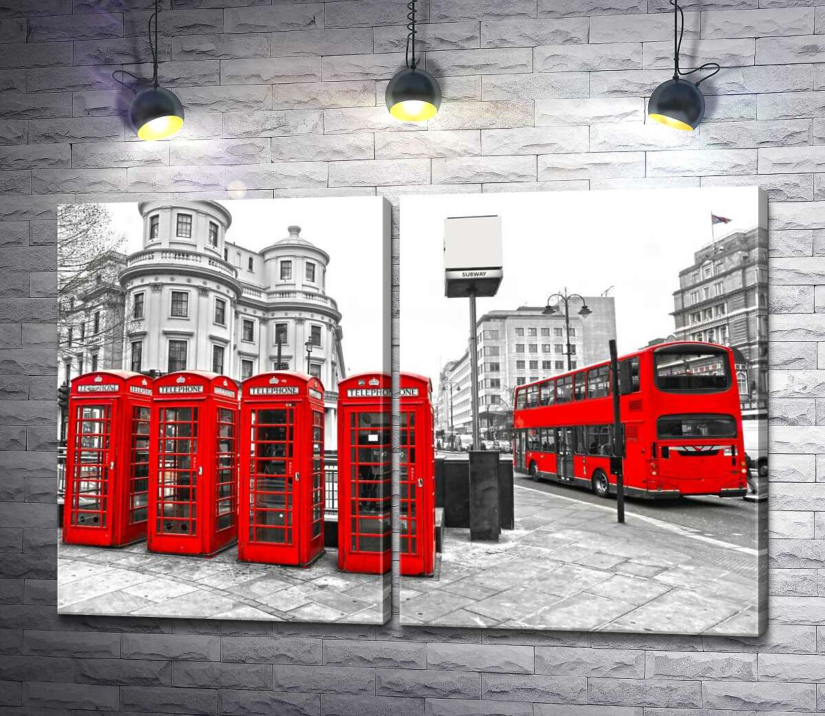 модульная картина Яркие символы Лондона: телефонная будка и автобус