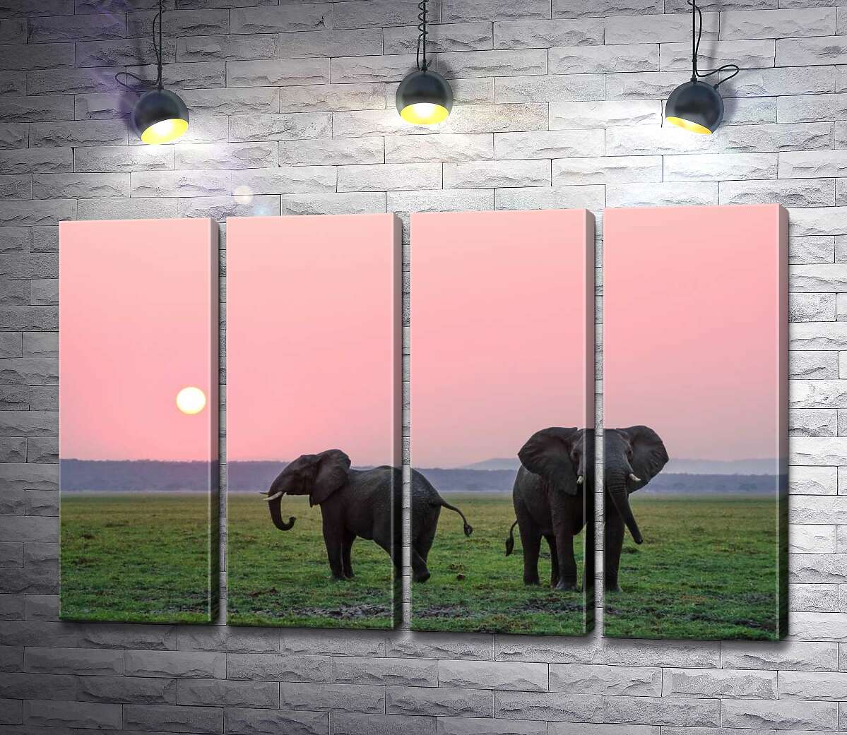 модульна картина Маленькі слони гуляють по зеленій рівнині (Модуль №24)