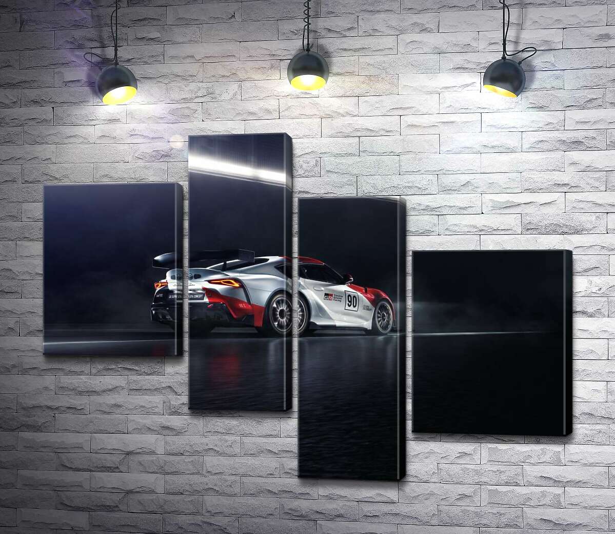 модульная картина Гоночный автомобиль Тойота (Toyota GR Supra GT4) разгоняется на трассе (Модуль №21)