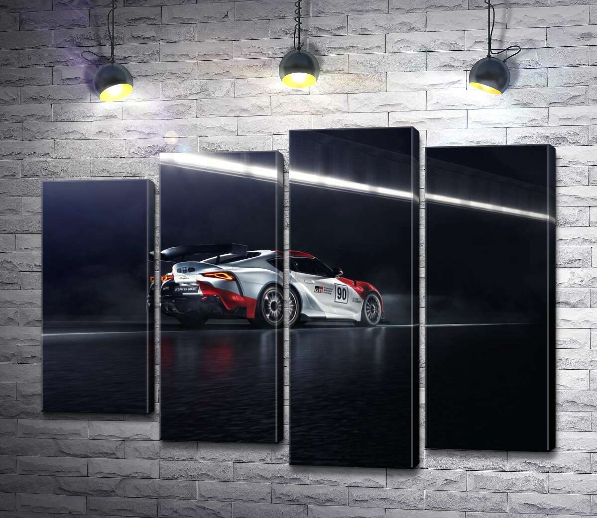 модульная картина Гоночный автомобиль Тойота (Toyota GR Supra GT4) разгоняется на трассе (Модуль №3)