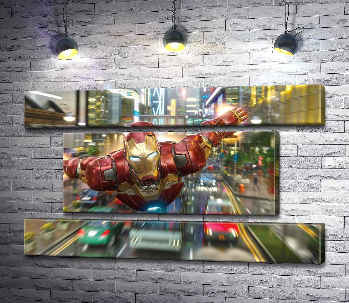 модульная картина Супергерой Железный человек (Iron Man) летит над дорогой мегаполиса (Модуль №18)