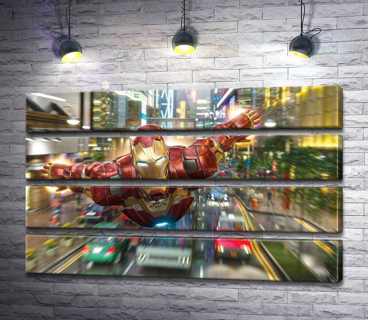 модульная картина Супергерой Железный человек (Iron Man) летит над дорогой мегаполиса (Модуль №22)