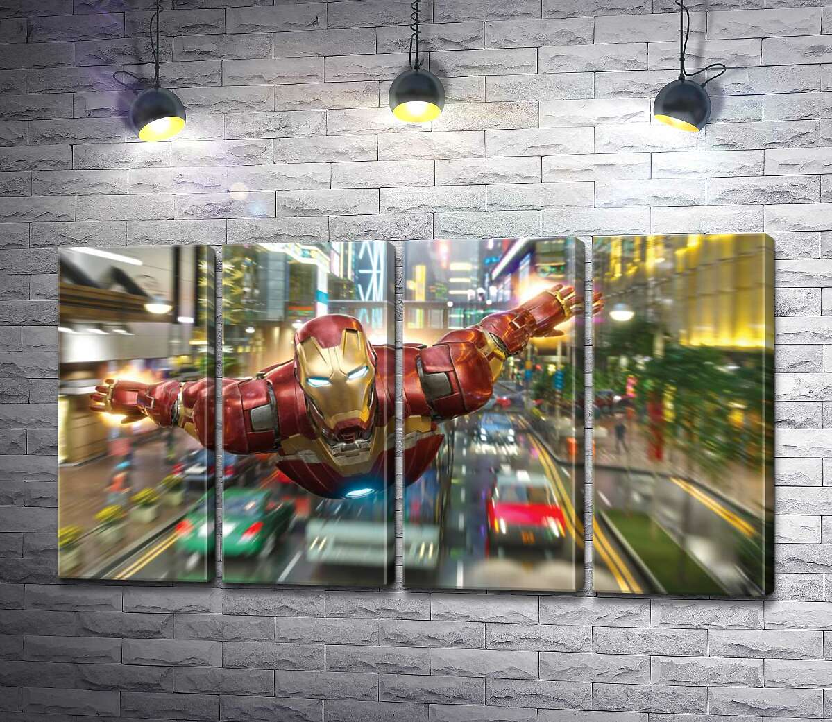 модульна картина Супергерой Залізна людина (Iron Man) летить над дорогою мегаполісу (Модуль №24)