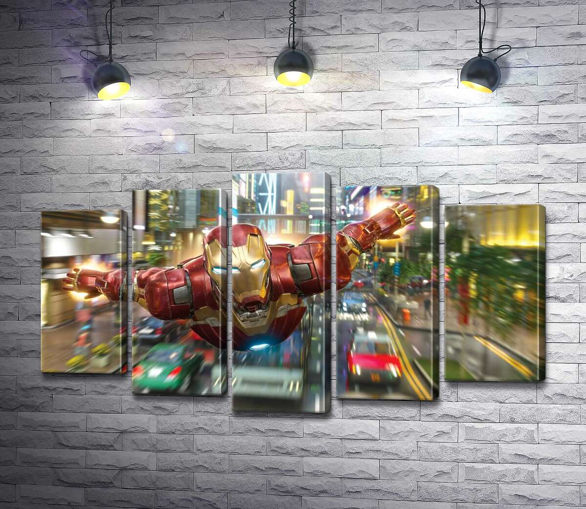 модульная картина Супергерой Железный человек (Iron Man) летит над дорогой мегаполиса (Модуль №4)