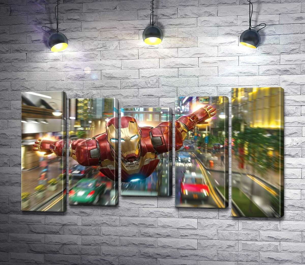 модульная картина Супергерой Железный человек (Iron Man) летит над дорогой мегаполиса (Модуль №27)