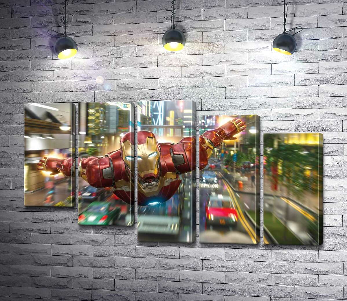 модульная картина Супергерой Железный человек (Iron Man) летит над дорогой мегаполиса (Модуль №28)