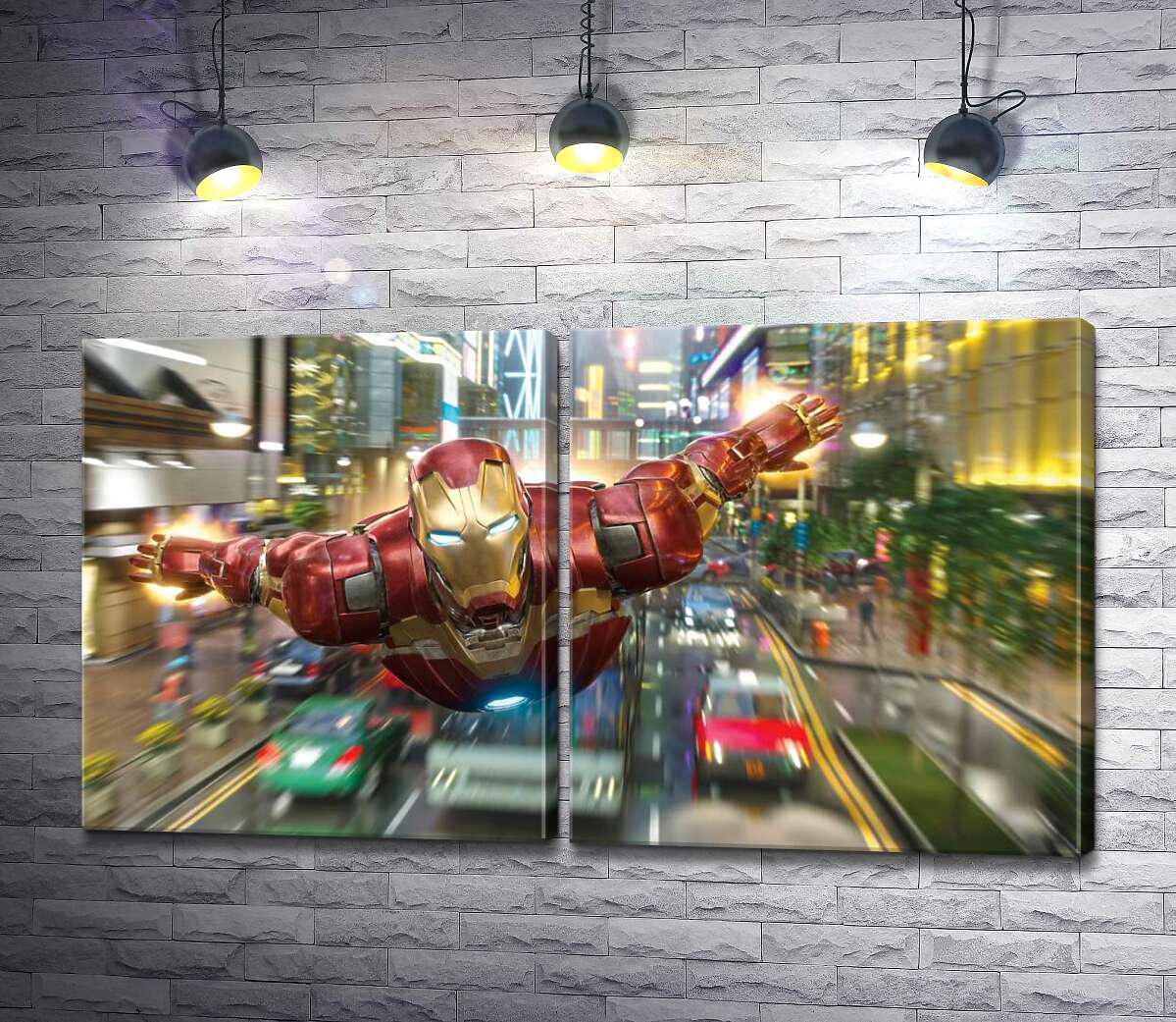 модульная картина Супергерой Железный человек (Iron Man) летит над дорогой мегаполиса