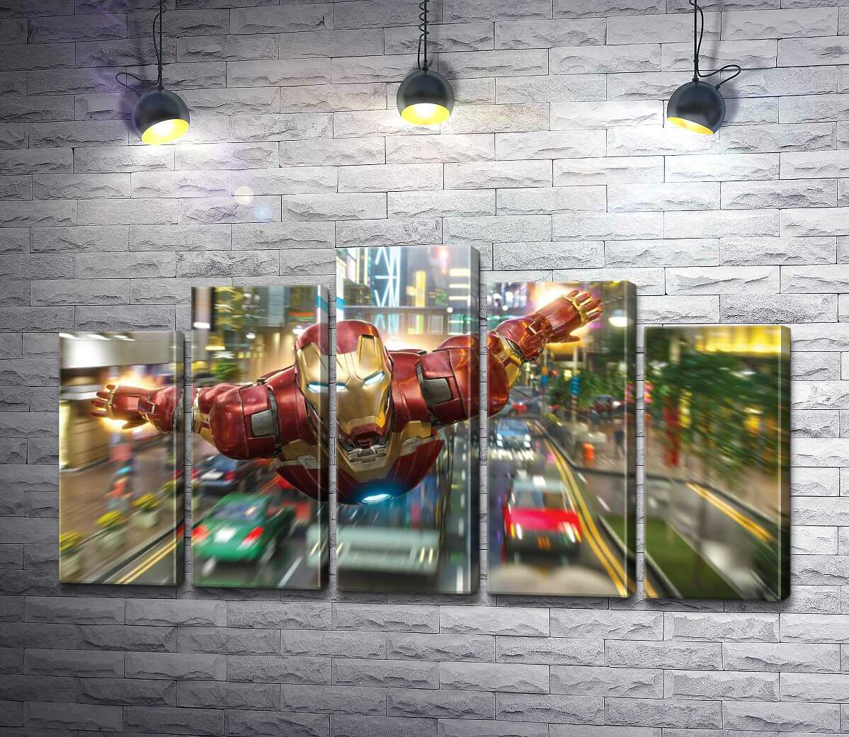 модульна картина Супергерой Залізна людина (Iron Man) летить над дорогою мегаполісу (Модуль №29)