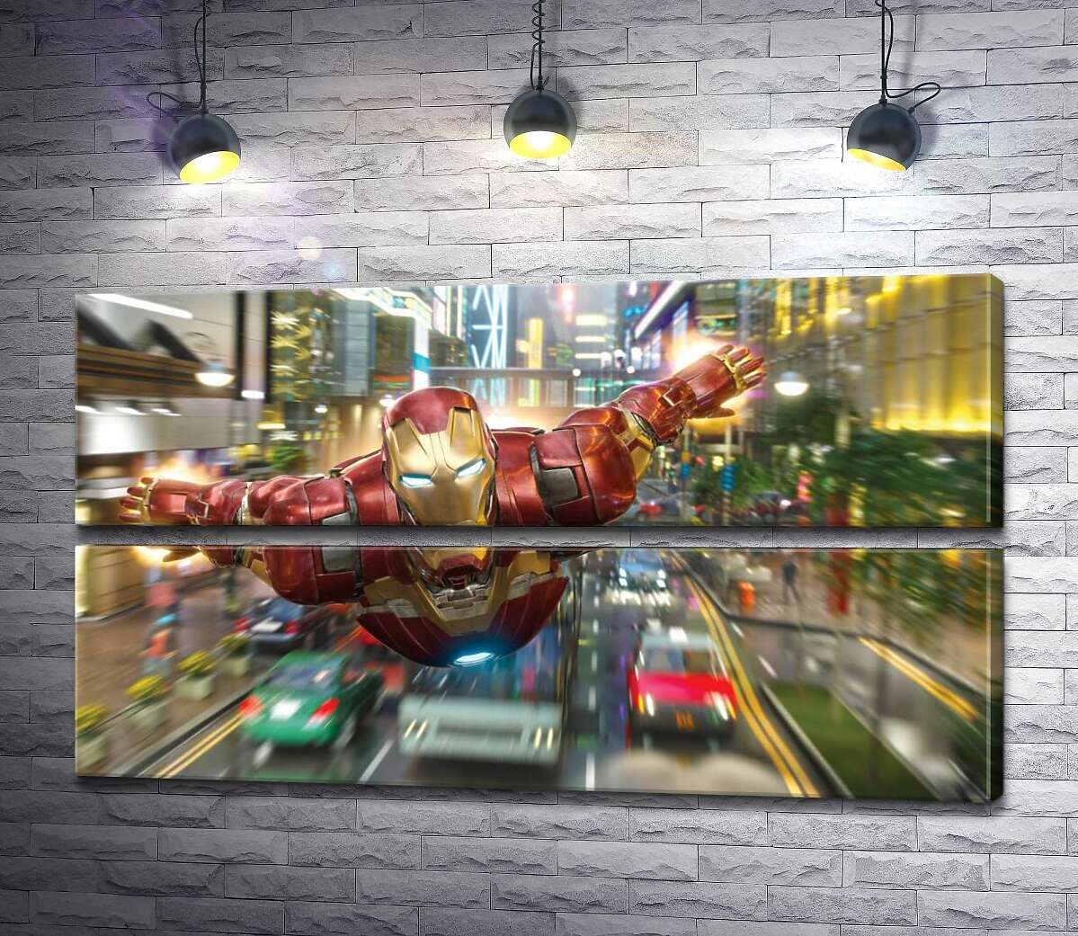 модульна картина Супергерой Залізна людина (Iron Man) летить над дорогою мегаполісу (Модуль №7)