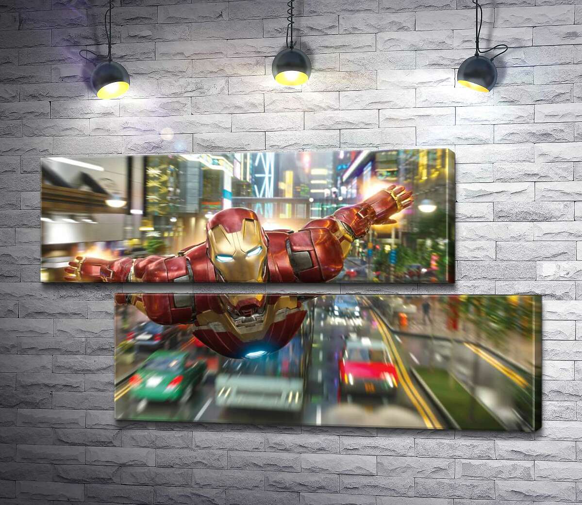 модульна картина Супергерой Залізна людина (Iron Man) летить над дорогою мегаполісу (Модуль №8)