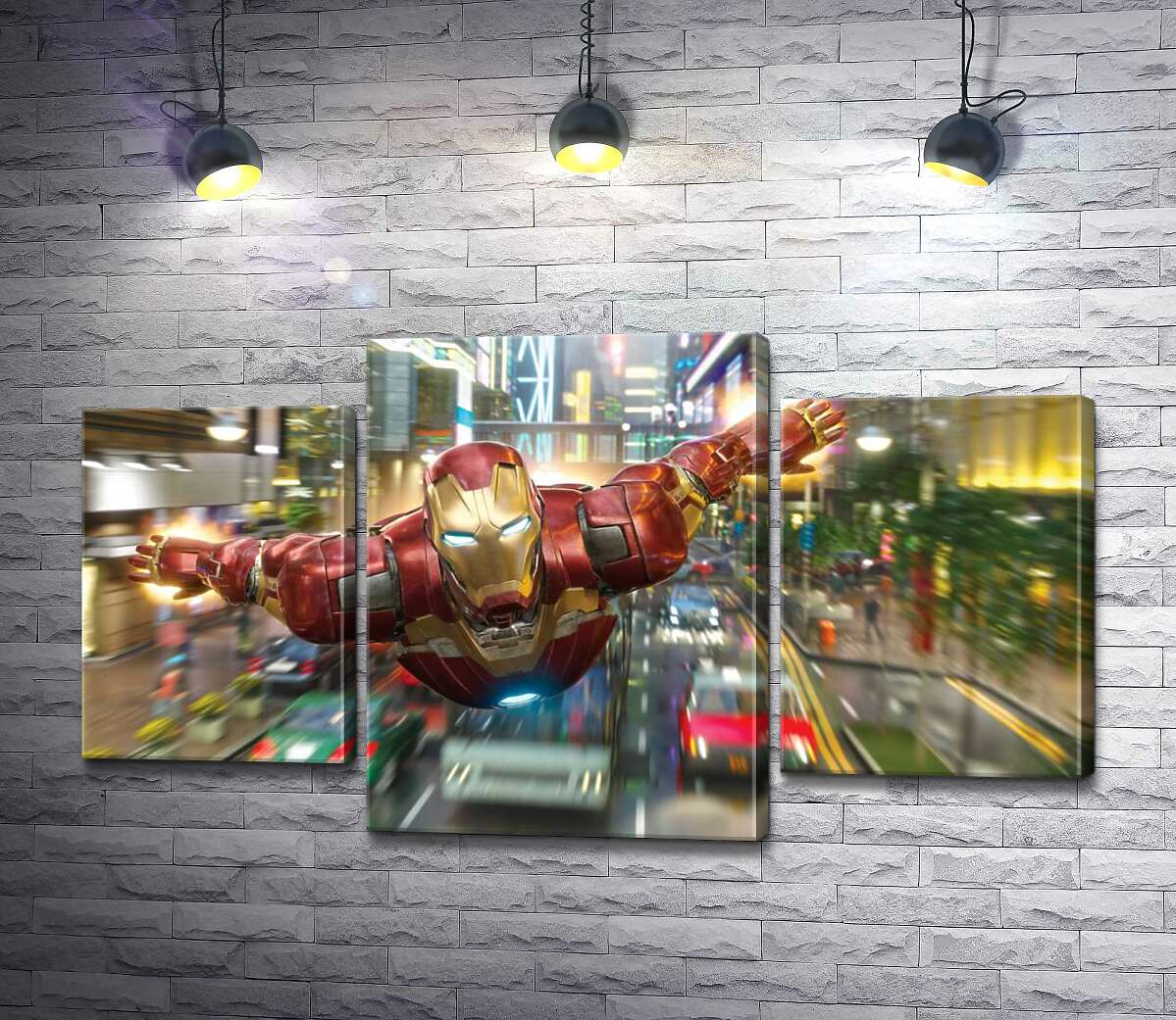 модульна картина Супергерой Залізна людина (Iron Man) летить над дорогою мегаполісу (Модуль №10)