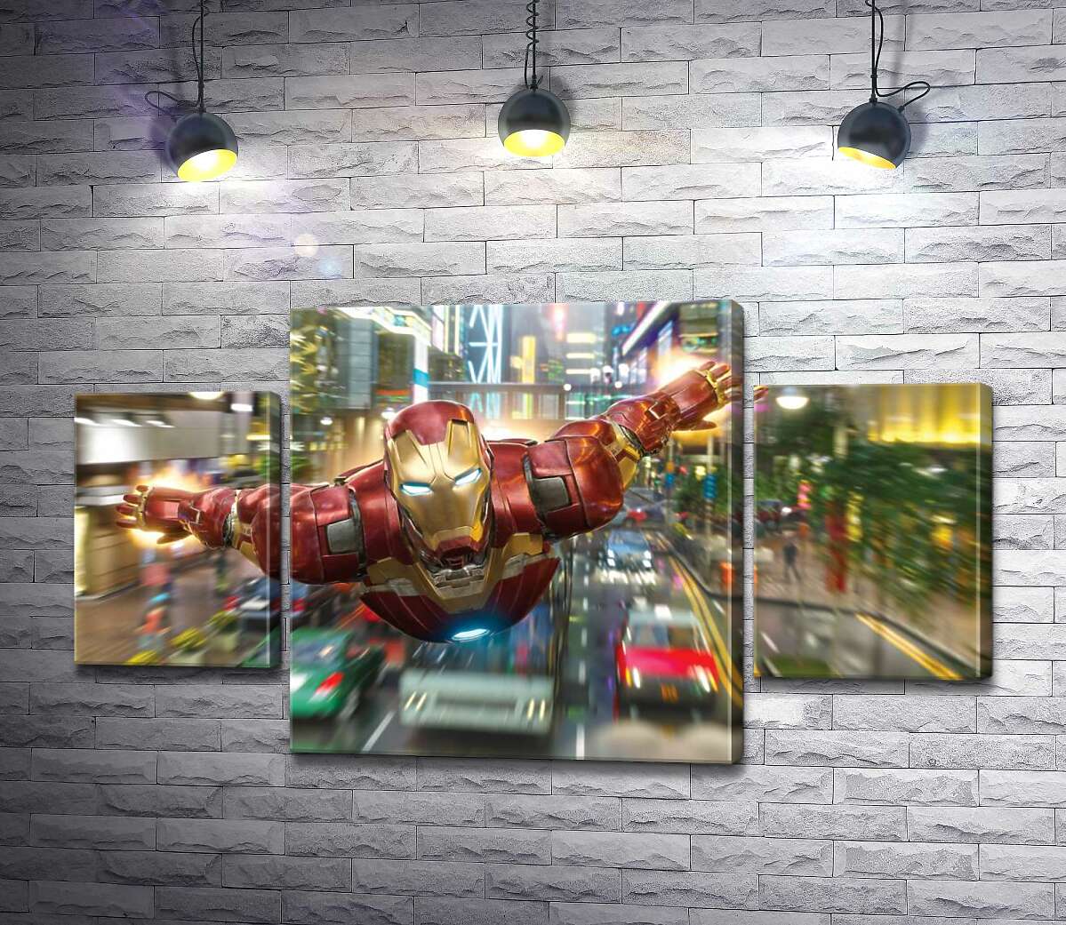 модульная картина Супергерой Железный человек (Iron Man) летит над дорогой мегаполиса (Модуль №5)
