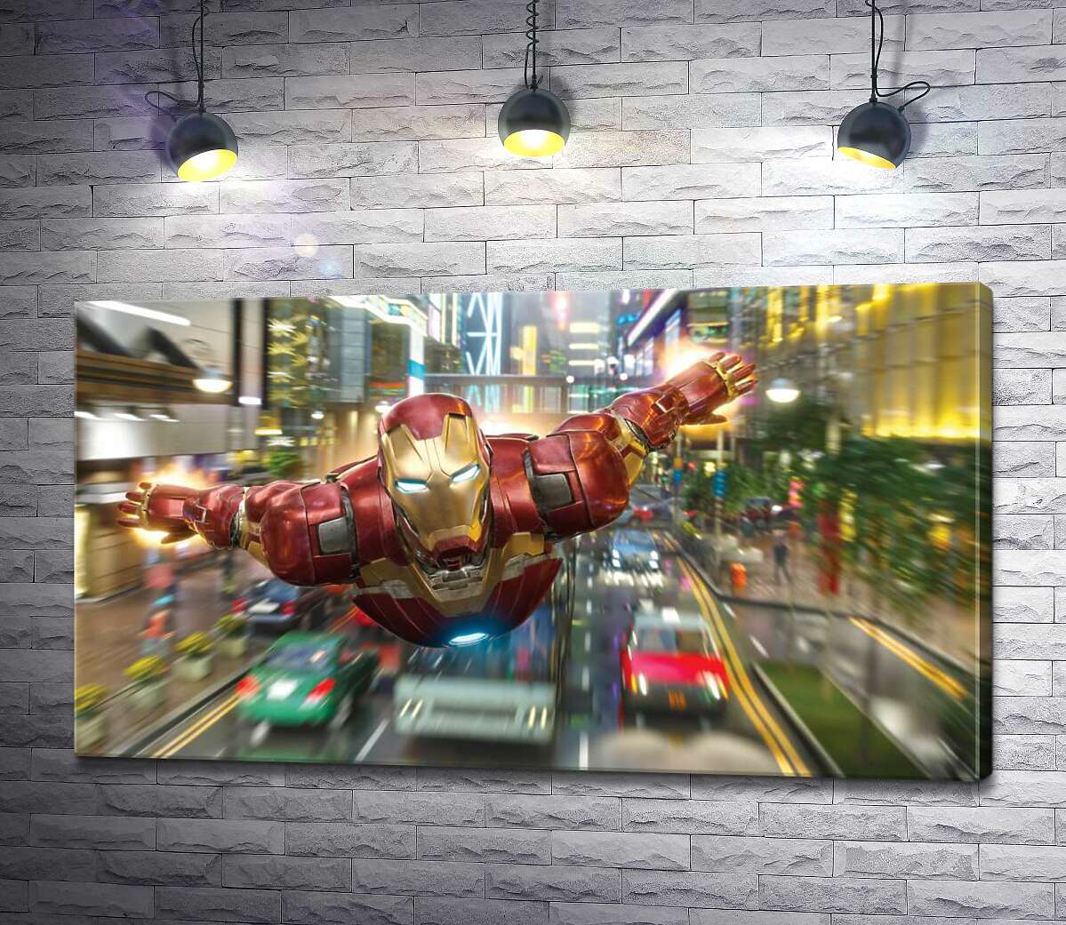 картина Супергерой Железный человек (Iron Man) летит над дорогой мегаполиса