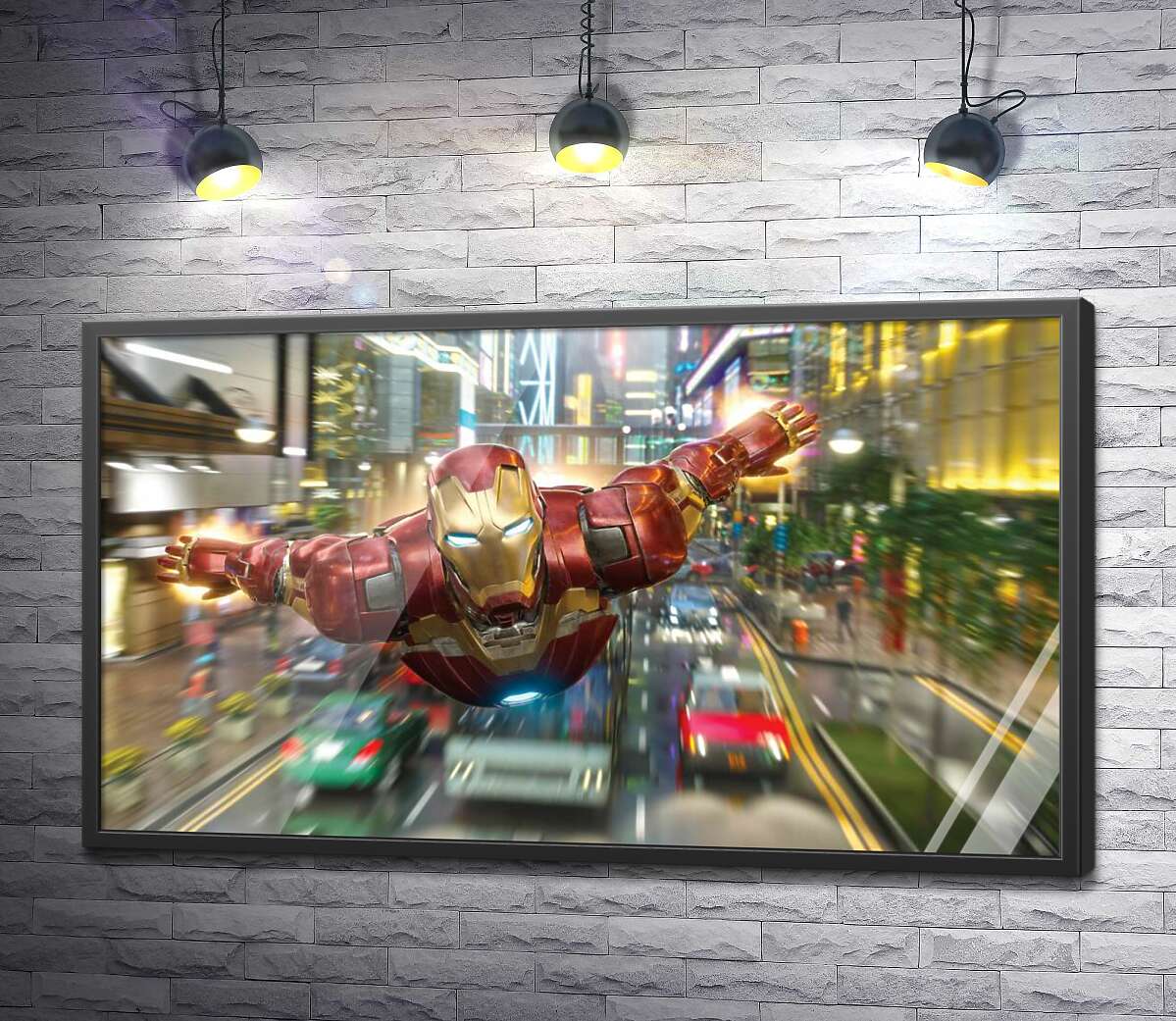 постер Супергерой Железный человек (Iron Man) летит над дорогой мегаполиса