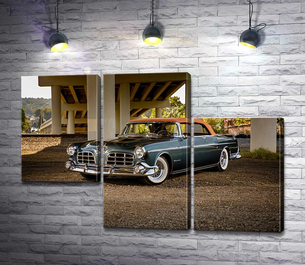 модульна картина Темний автомобіль кабріолет Chrysler 1955 стоїть в тіні мосту (Модуль №13)