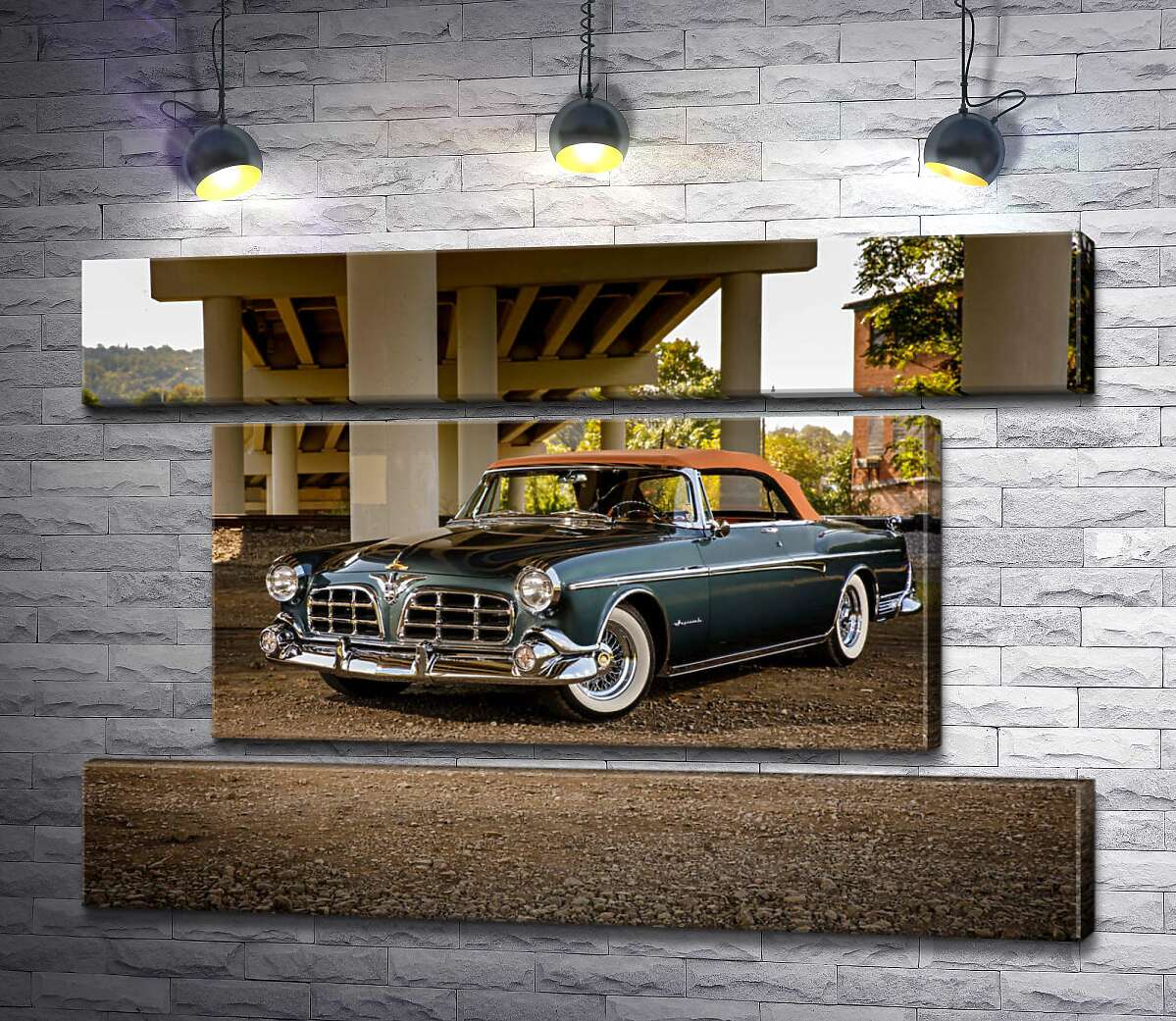 модульная картина Темный автомобиль кабриолет Chrysler 1955 стоит в тени моста (Модуль №18)